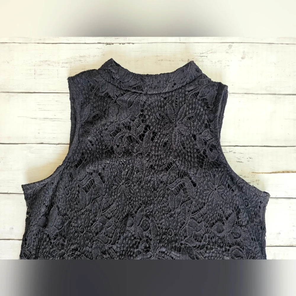 Love Fire Black Soft Lace Tank Dress Mock Neck Asymmetrical Lace Crochet - Picture 6 of 10